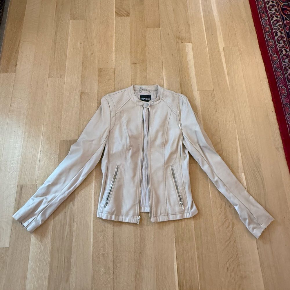 Express Cream Faux Leather Jacket Tailored Cropped Design